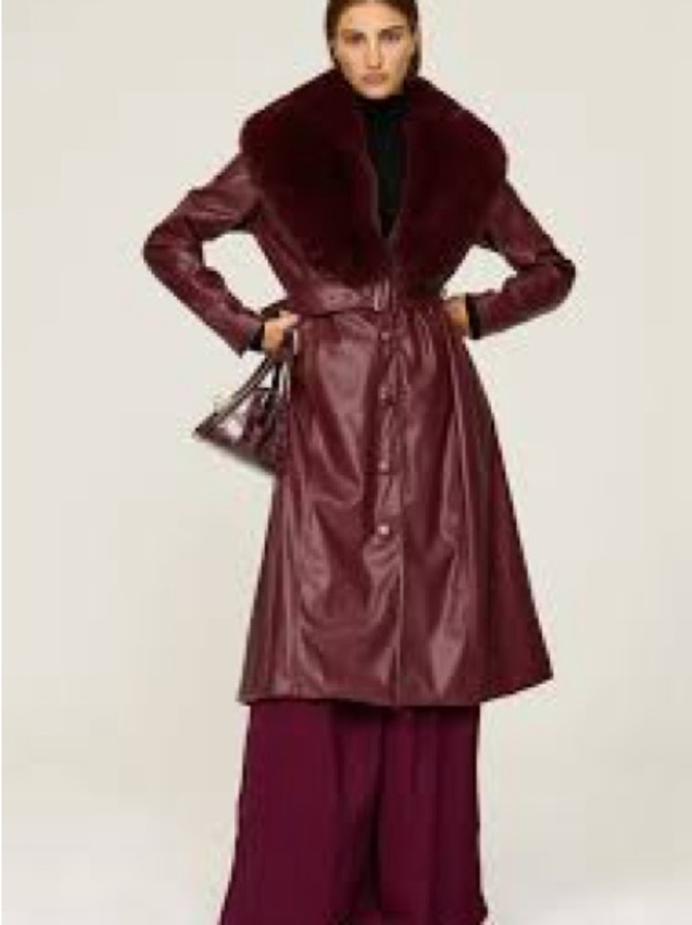 Hutch Liv Wine Vegan Leather Faux Fur Collar Belted Trench Coat XS